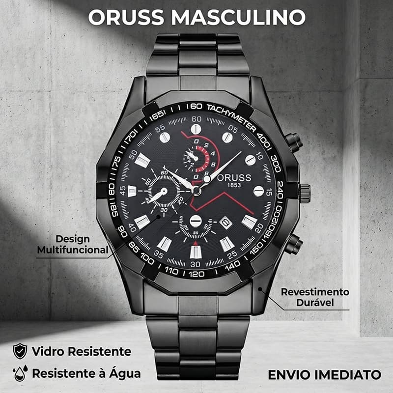 ORUSS Relógio Masculino Social Esportivo Grande 46mm Vidro Mineral Resistente Presente Namorado KS