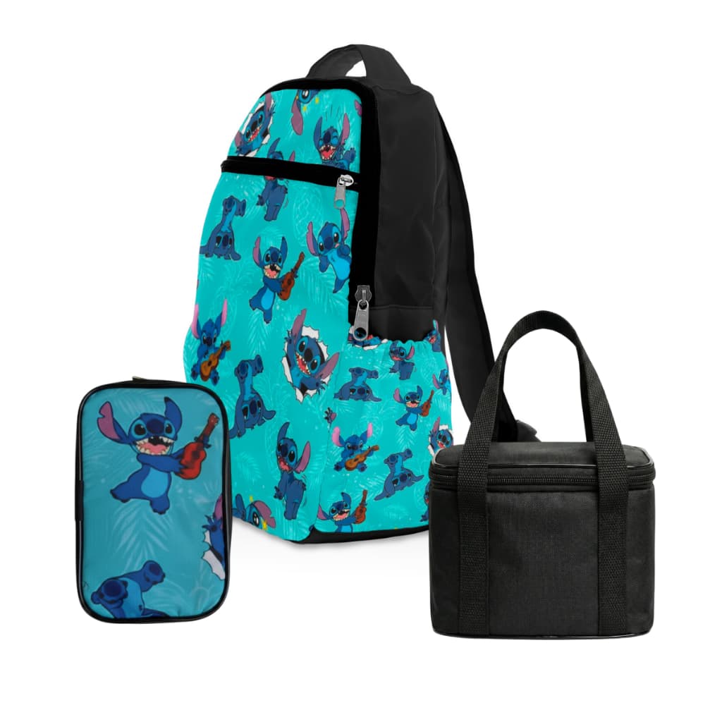 Kit Mochila Coyote® Animes Stitch Reforçada Impermeável + Estojo + Lancheira Térmica