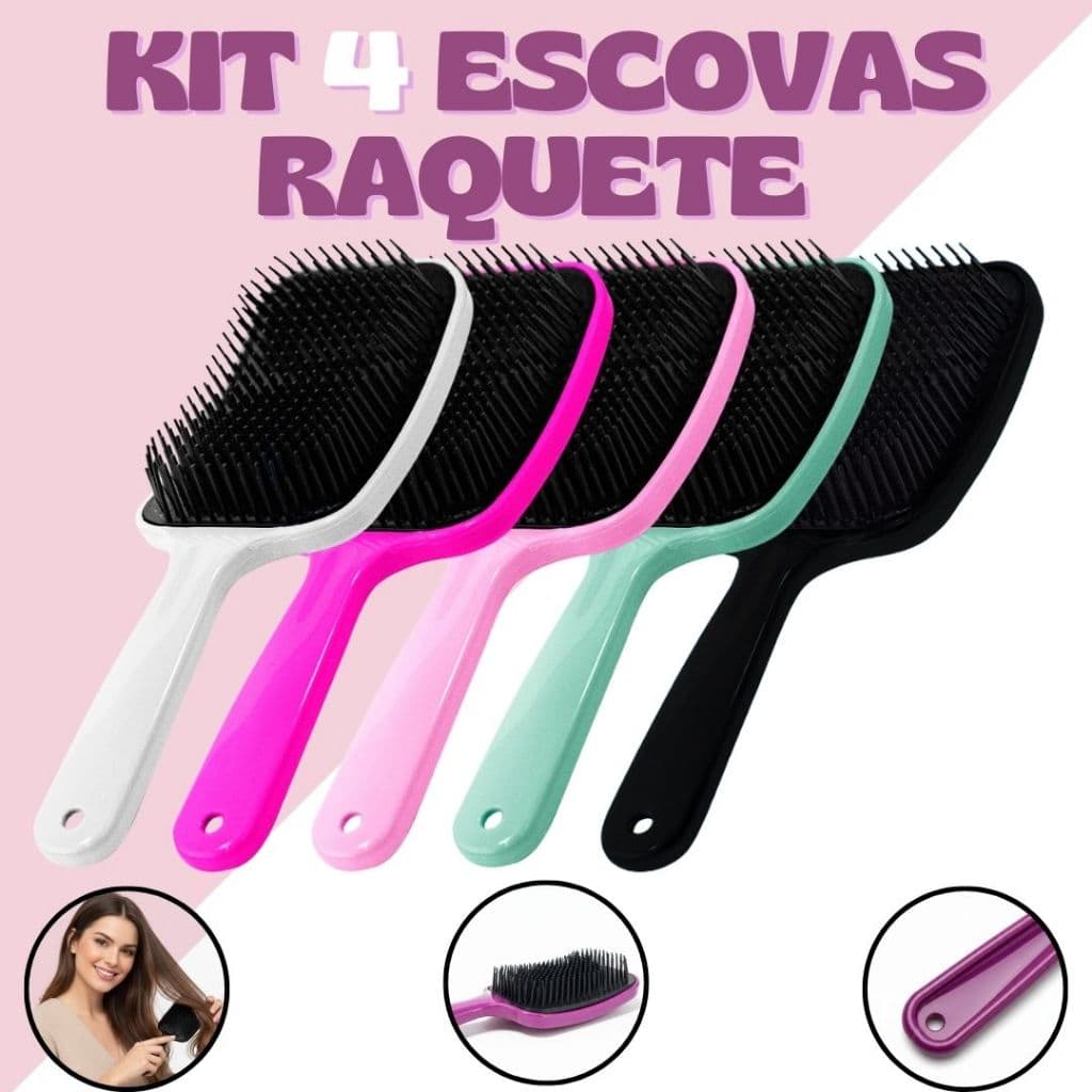 Kit 4 Escova Raquete Desembaraçadora - Anti Frizz