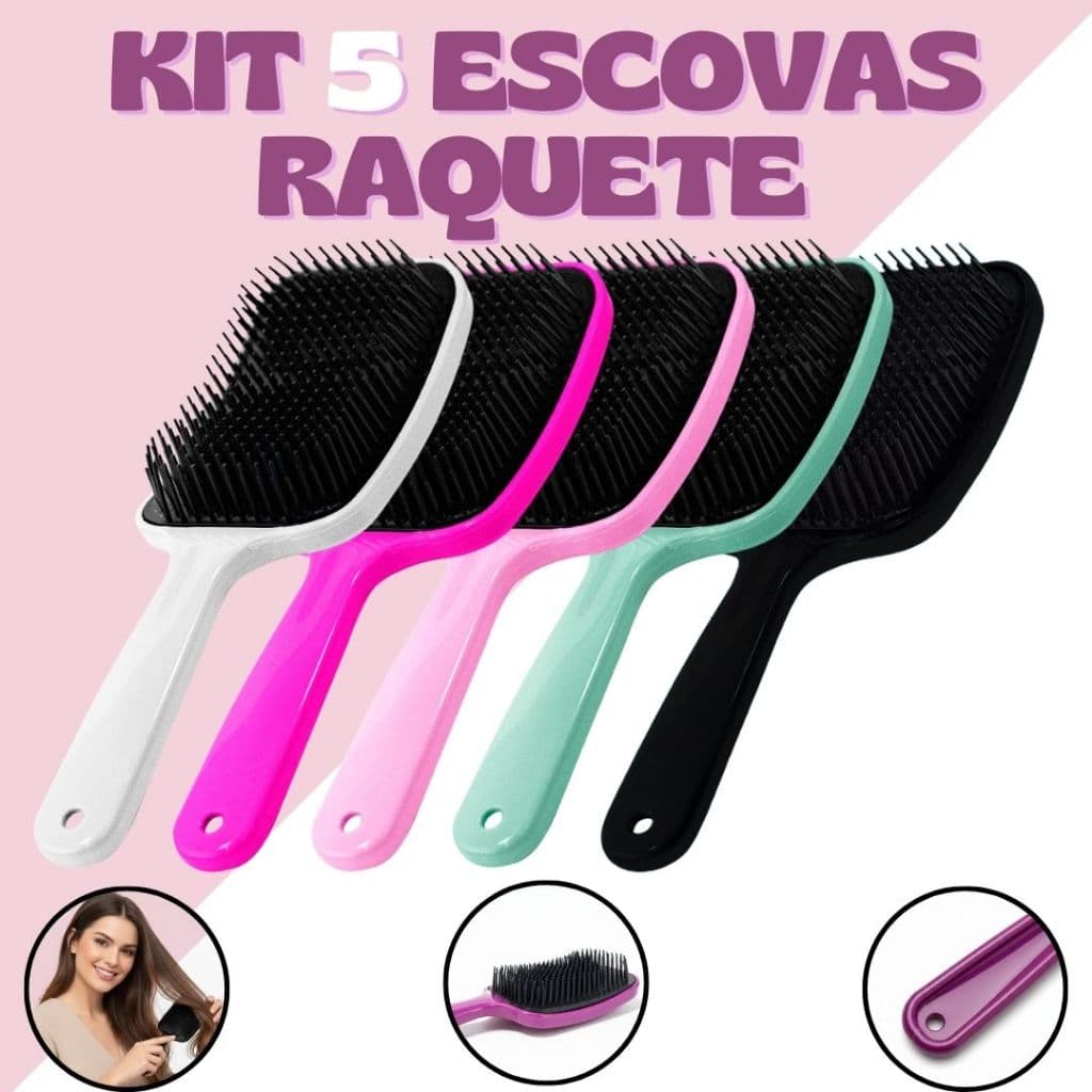 Kit 5 Escova Raquete Desembaraçadora - Anti Frizz