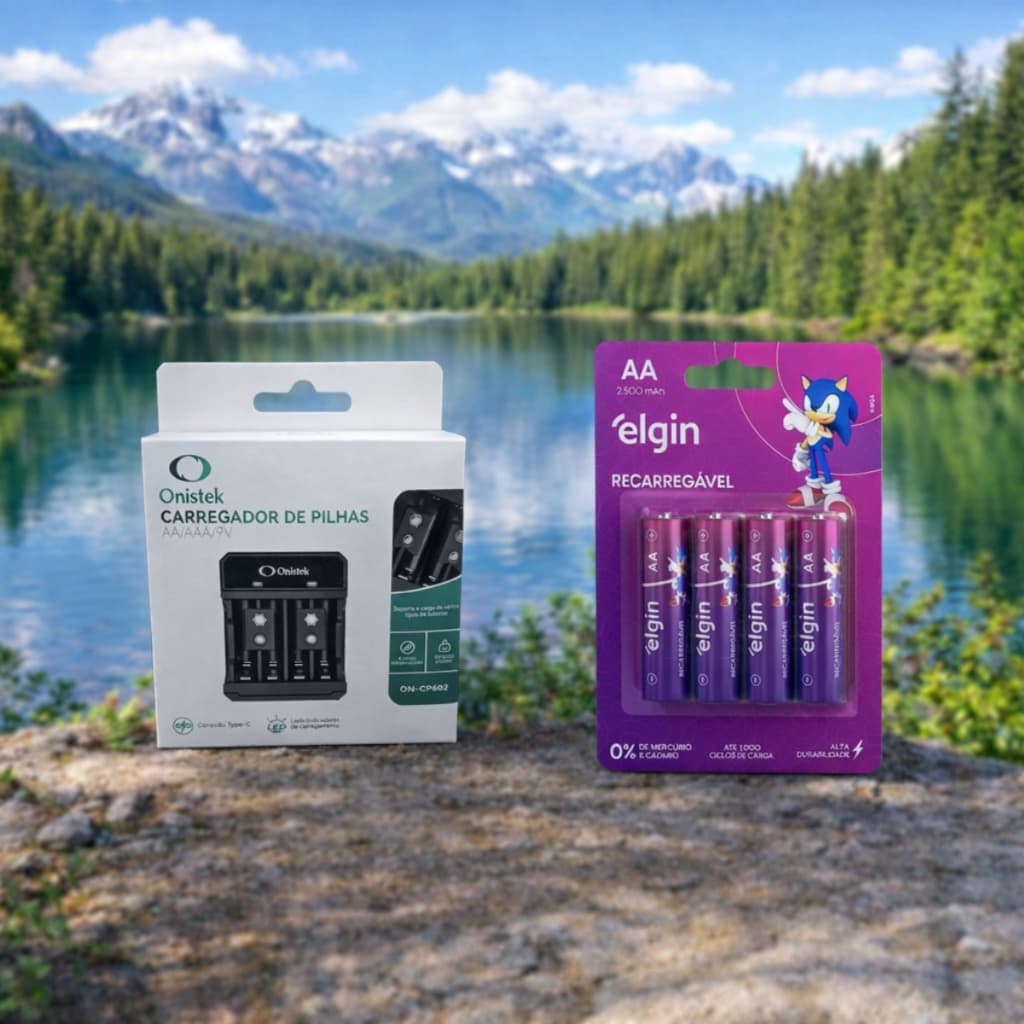 Carregador Onistek + 4 Pilhas AA 2500 mAh Elgin - Ideal para Brinquedos e controles remotos