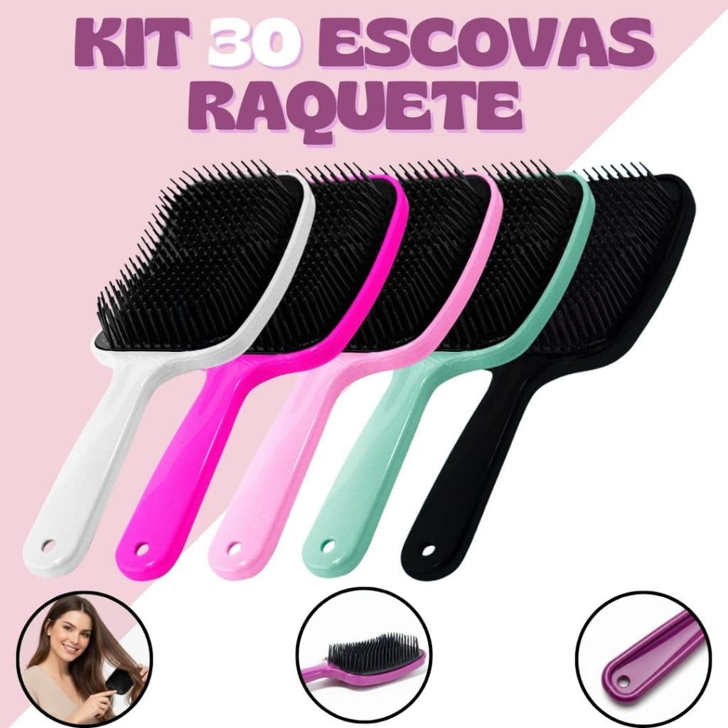 Kit 30 Escova Raquete Desembaraçadora - Anti Frizz