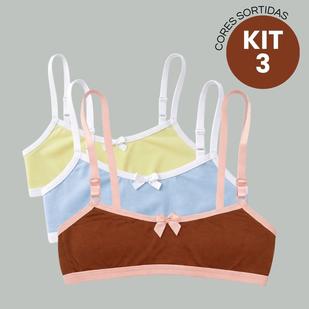 Kit 3 Sutiã Infantil Juvenil Cotton Algodão Menina Moça Top Sem Bojo Cores Sortidas