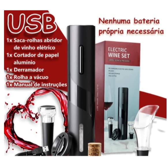 Saca Rolha Abridor De Vinho Elétrico Recarregável Automático Kit 4 Peças Carregamento por usb