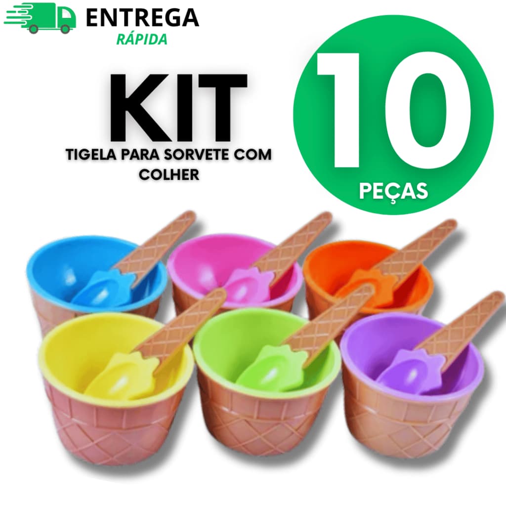 KIT 10 Pote de Sorvete Colorido Casquinha Potinho de Sorvete Tigela Plastico com Colher Utilidades