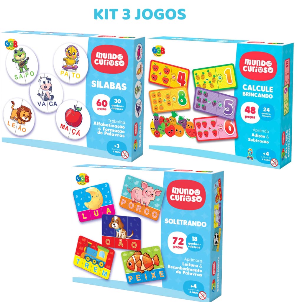 Kit 3 Brinquedos Educativos Sílabas + Soletrando + Calcular Jogo Pedagógico Infantil Escolar