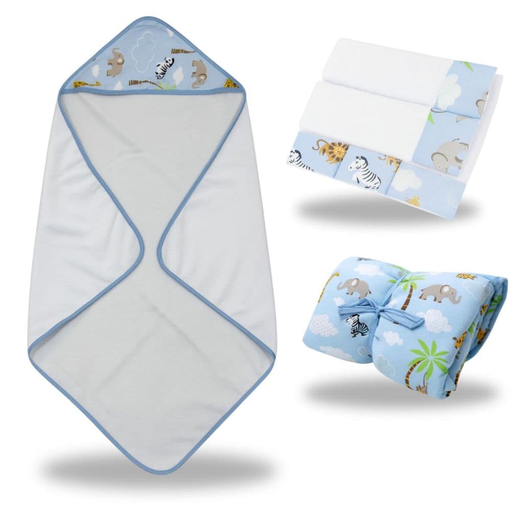 Toalha de Banho Para Bebe Trocador Portátil Fralda Ombro Kit 3 Peças Enxoval Menino Safari Azul