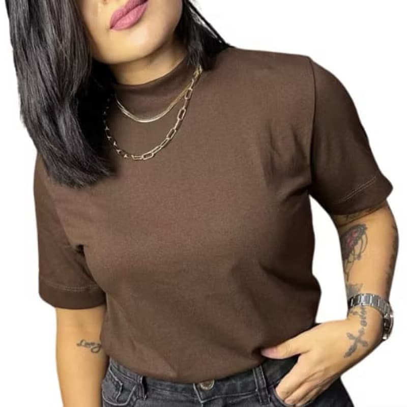 T-Shirt Camiseta Feminina Gola Alta 100% Algodão Ribana Estilo Moda Blogueira