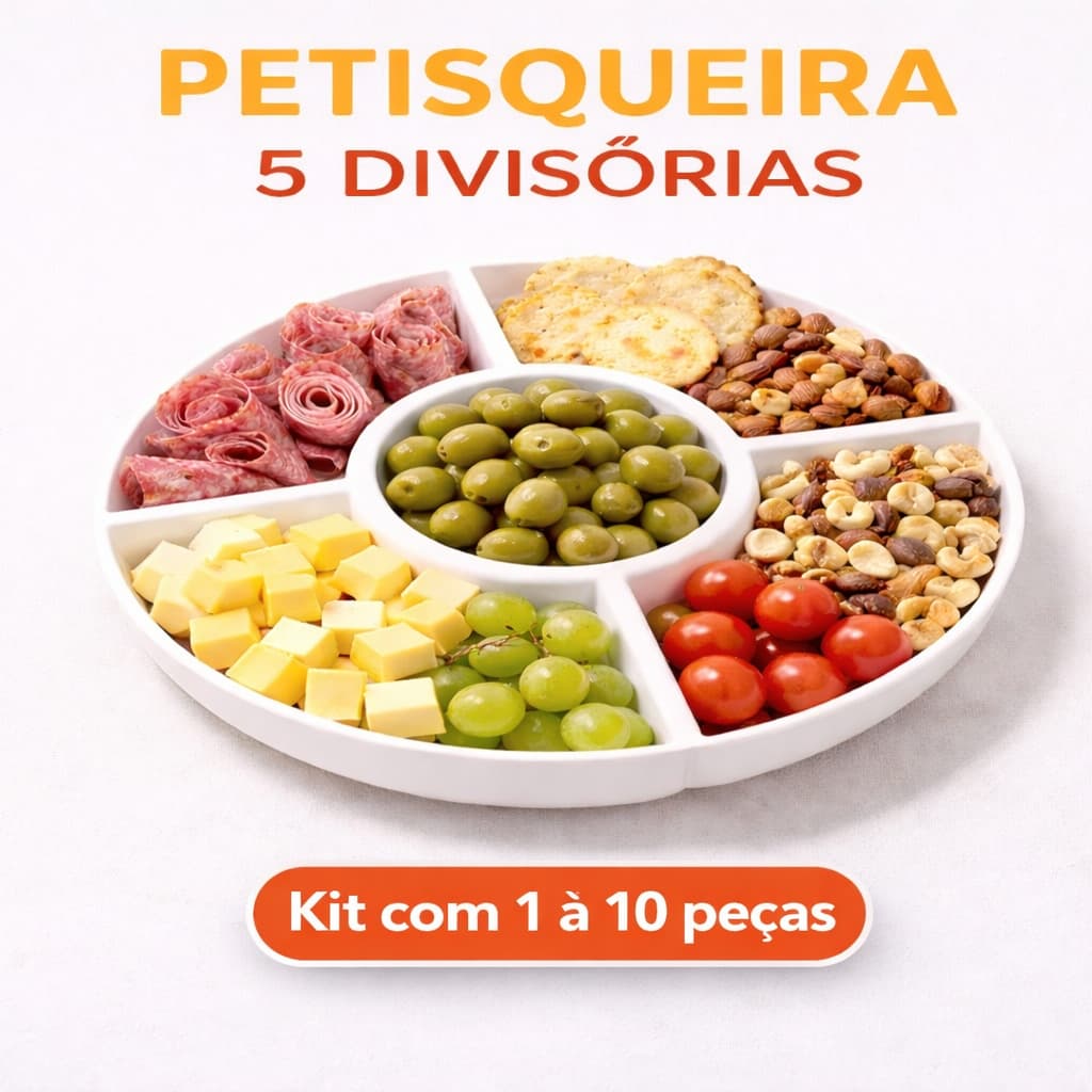 Petisqueira 25 cm Petiscos Prato Redondo Petisqueira 5 Divisórias Queijos Amendoim Fondue