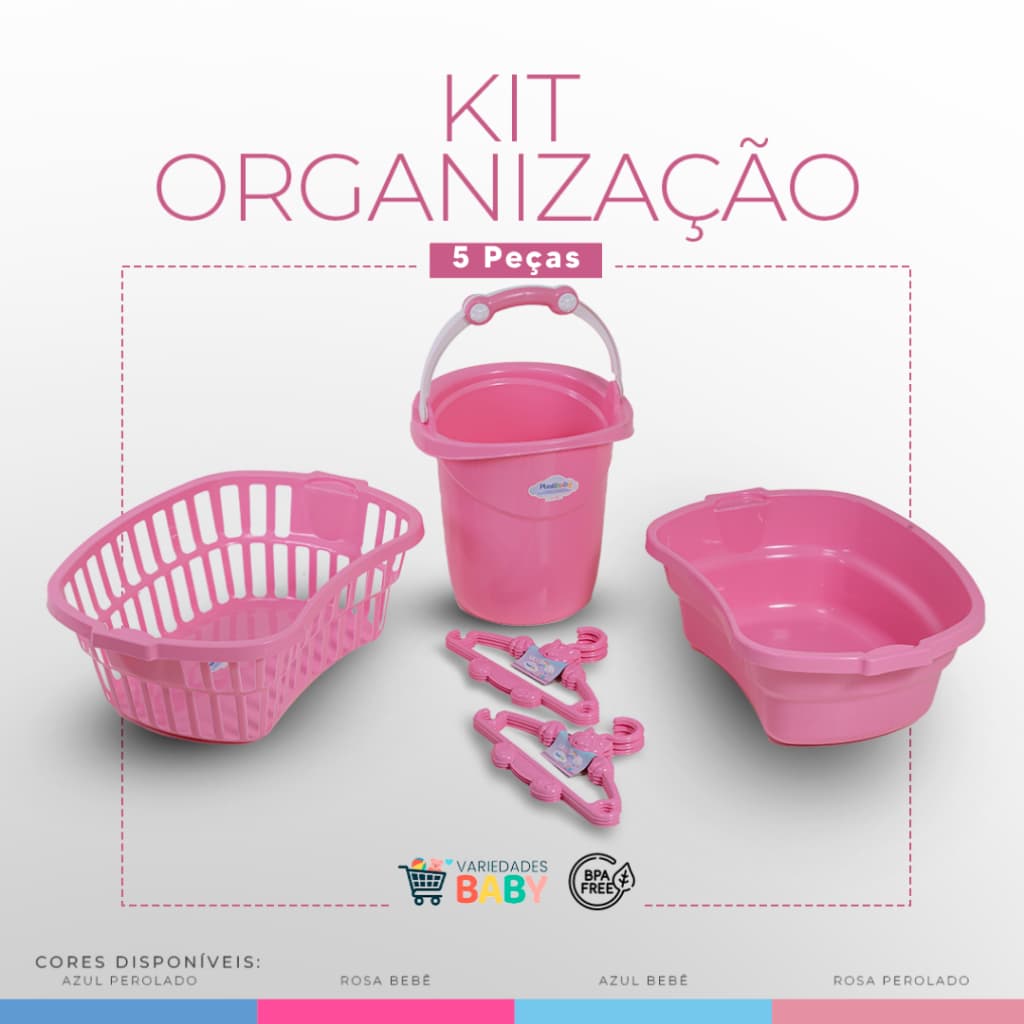 Kit Baby Organização 5 Peças Cesto telado 25L, Balde 11L, Bacia 17L e 6 Cabides Envio Rapido