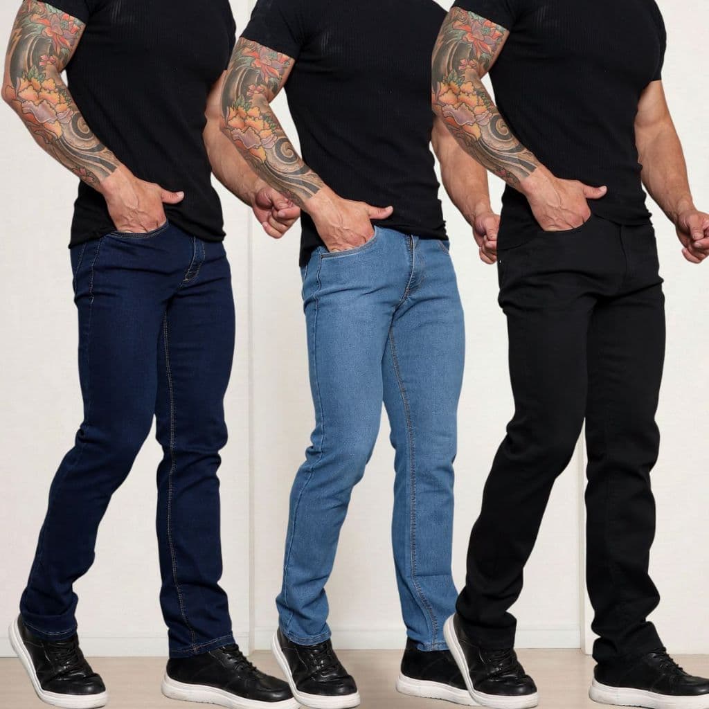 Kit 3 Calças Jeans Masculina Tradicional Com Lycra Corte Reto Reforçado Premium