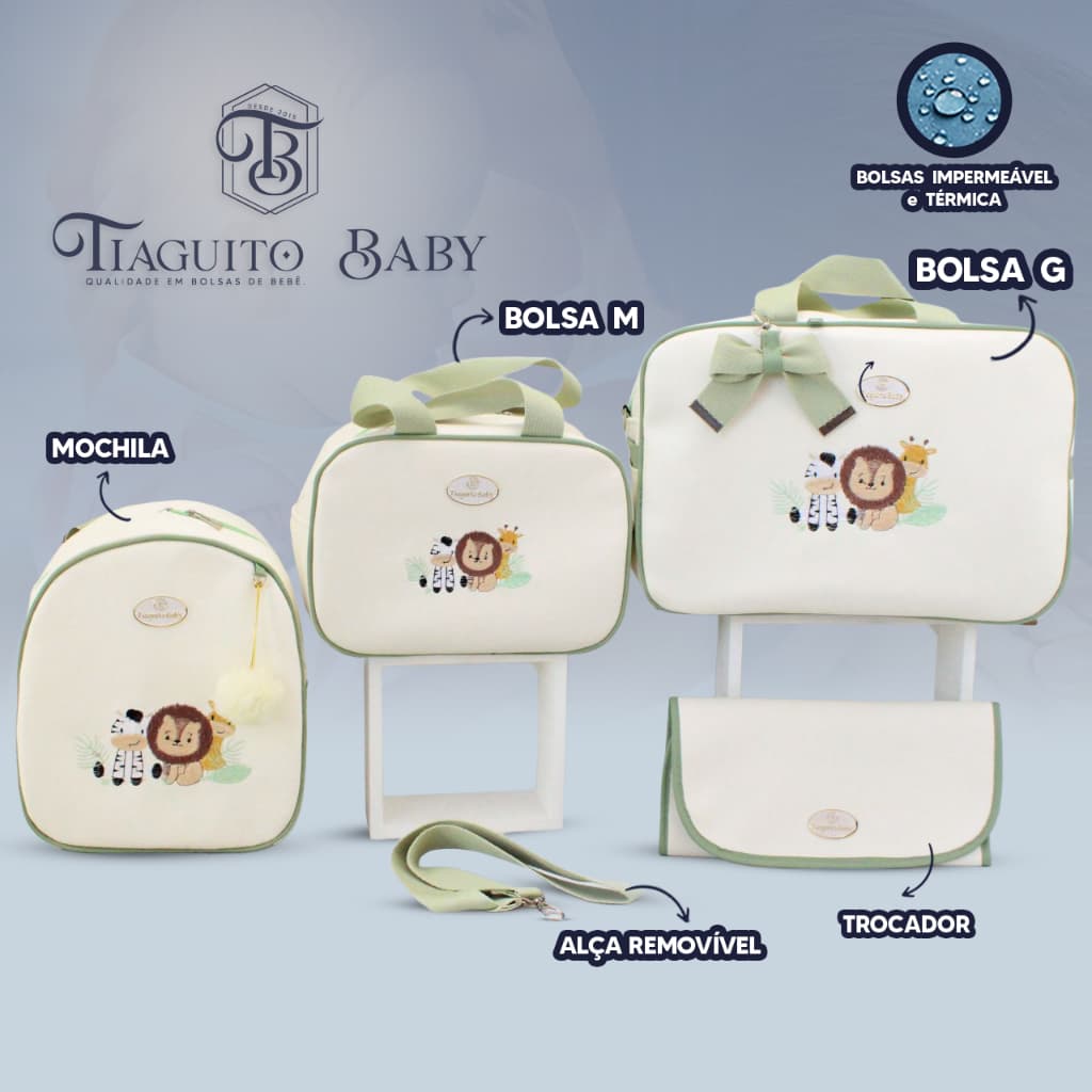 KIT BOLSA  MATERNIDADE SAFARI LUXO 4 PEÇAS  (VERDE CLARO /OF)