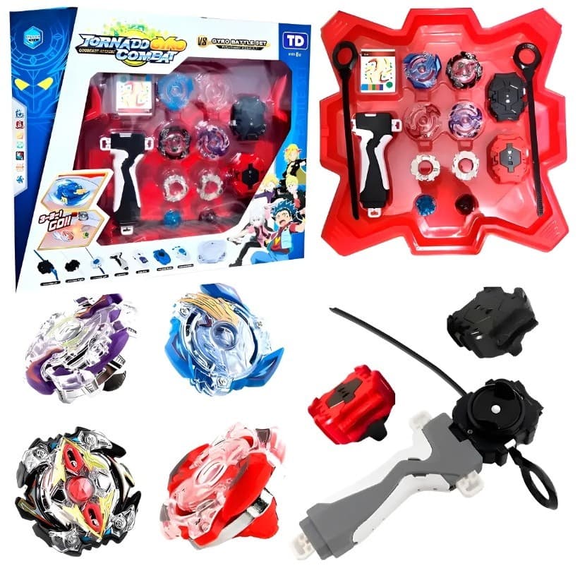 Kit Completo - 4 Beyblade + 2 Lançadores + Arena De Batalha