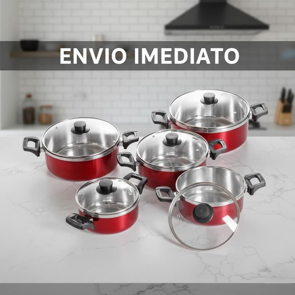 OFERTA Jogo Panelas 5 Peças Alumínio Antiaderente Vermelha Tampa de Vidro Alta Qualid Envio Imediato