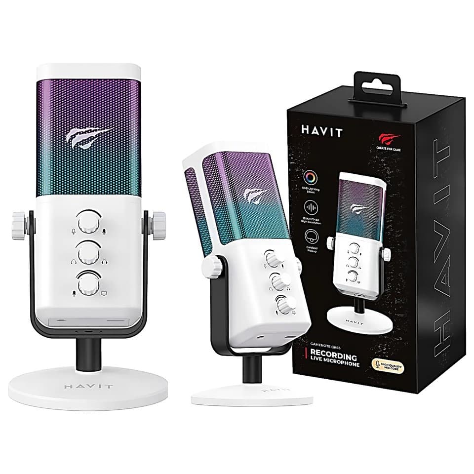 Havit Microfone Gamer Usb De Mesa PodCast Gravador de Live Gk65 Rgb Alta Sensibilidade Branco Havit Original