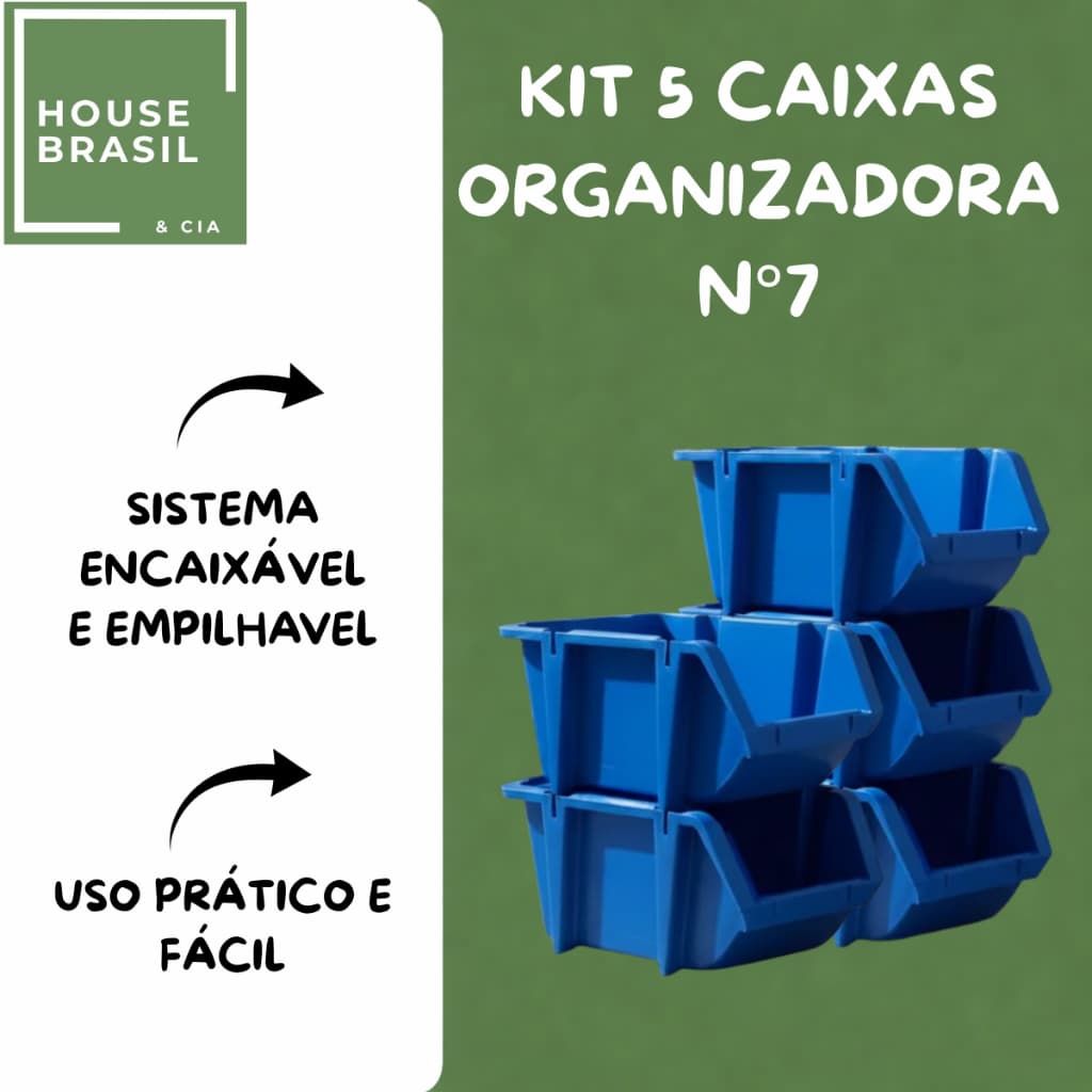 Kit 5 Caixa Bin N7 Azul Organizadora Estoque Ferramentas Gaveteiro Parafusos Empilhavel e Encaixável