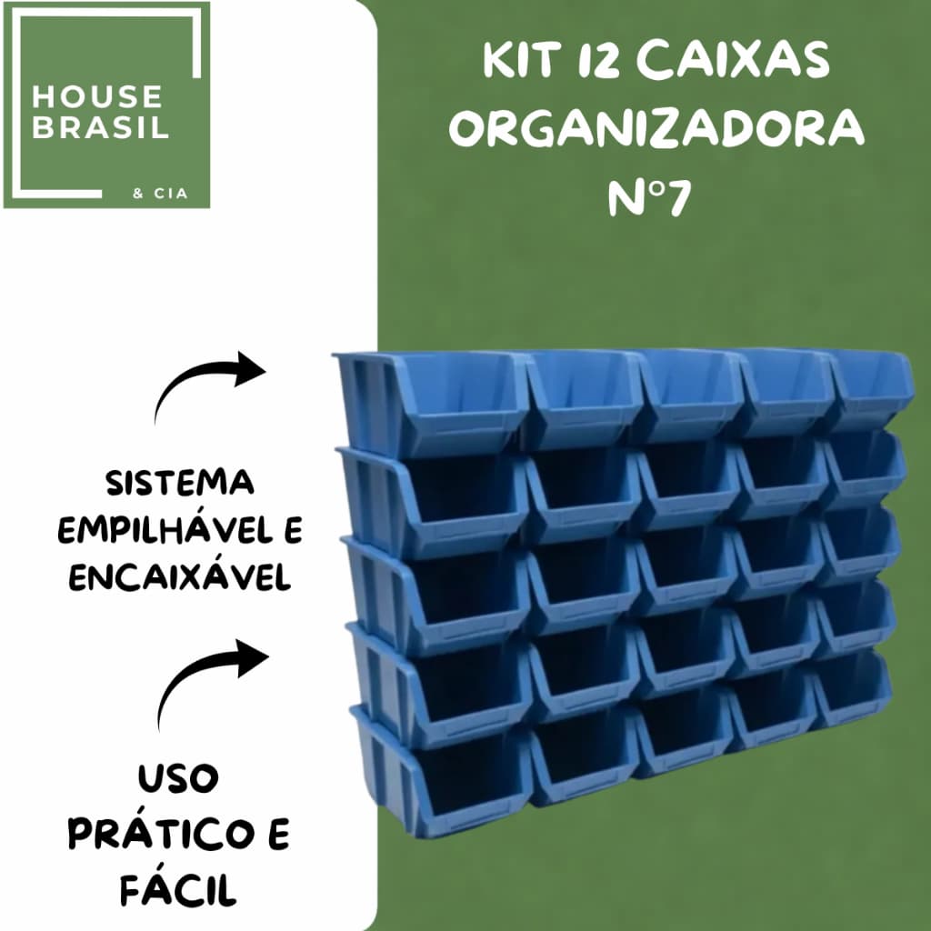 Kit 12 Caixa Bin N7 Azul Gaveteiro Organizadora Estoque Parafusos Ferramentas Empilhavel e Encaixável