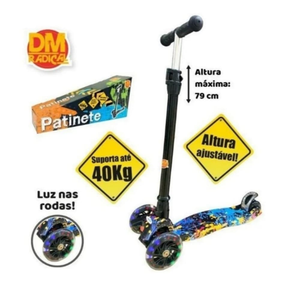 Patinete Flash Radical Trinete 3 Rodas Infantil Luzes Led DM Toys DMR6862 Colorido