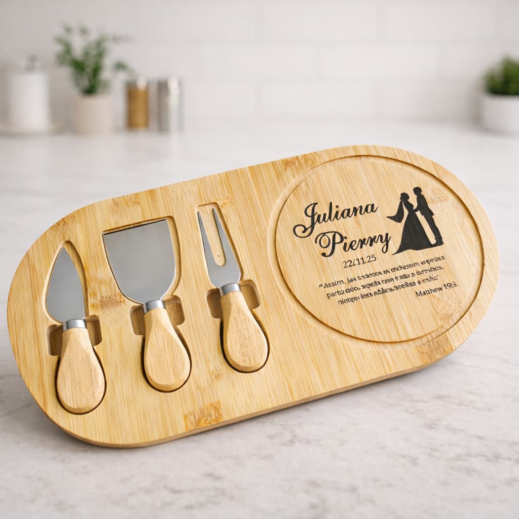 Kit Petisqueira em bambu com 3 utensílios Minimalista Personalizada com foto e nome