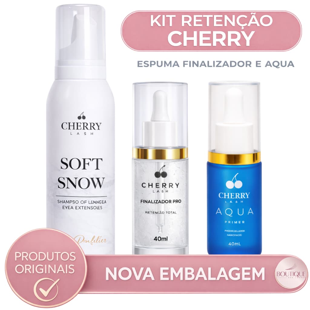 Kit Retenção Extensão de Cílios Cherry Lash - Espuma Soft Snow, Finalizador e Primer