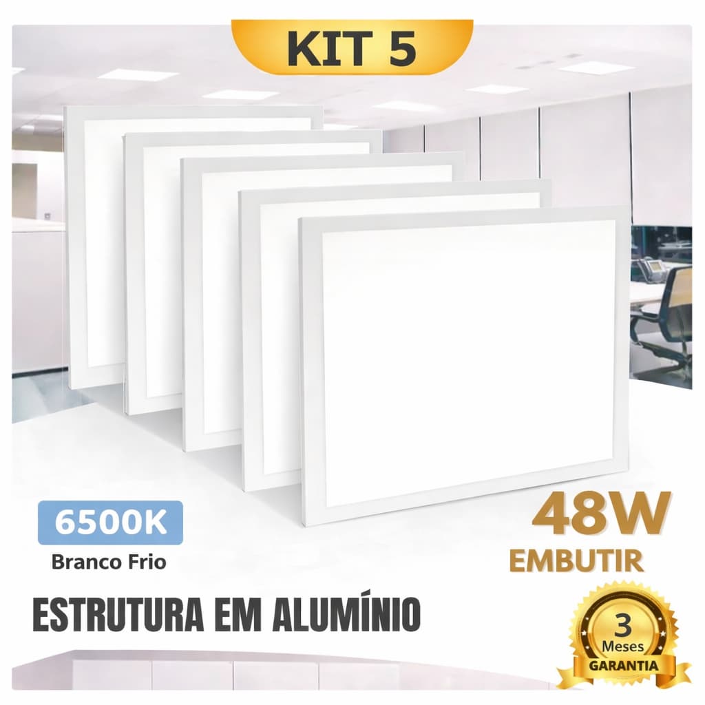 Kit 5 Painel Plafon Led 62x62 Quadrado Embutir 48W Bivolt Branco Frio 6500K IP20