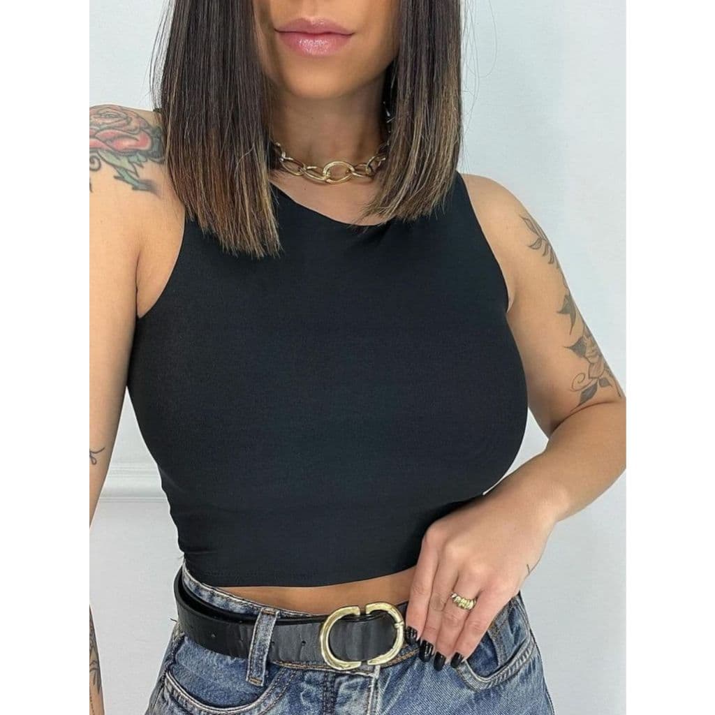 Cropped Feminino Regata Nadador Liso Básico Suplex Com Forro Academia