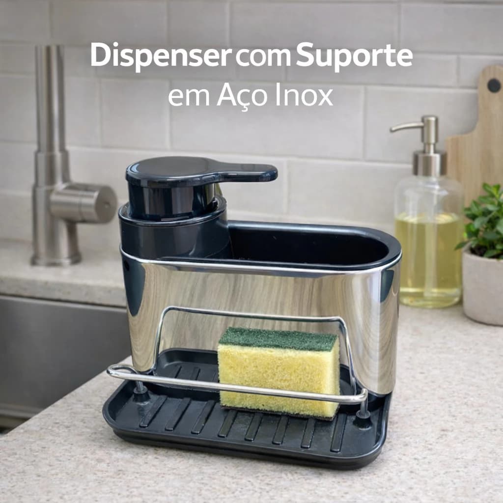 Dispenser de Detergente Aço Inox com Suporte para Esponja | Organizador de Pia Cozinha e Lavanderia