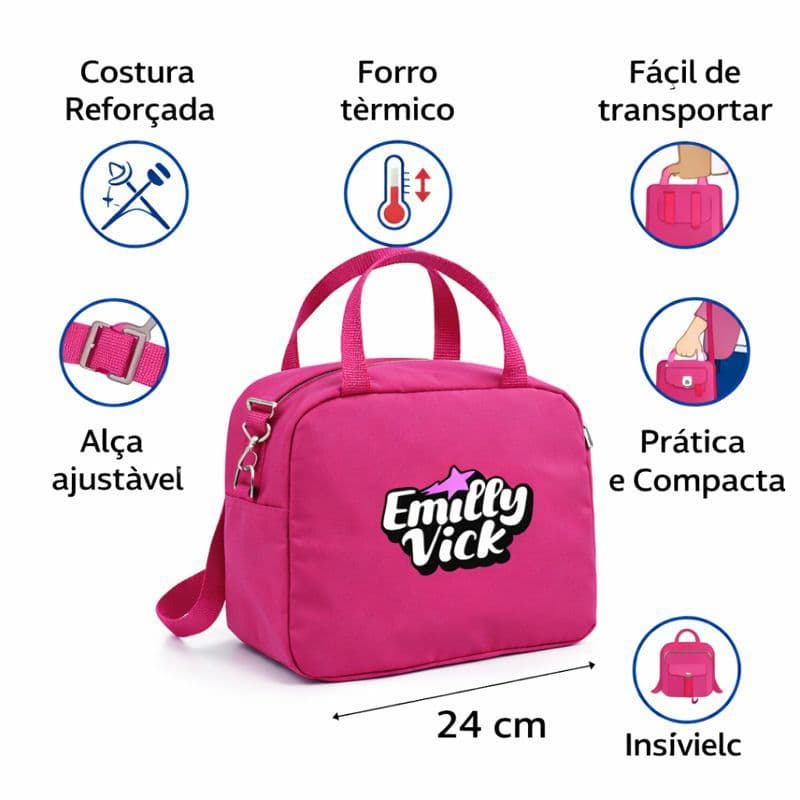 Lancheira Térmica Emilly Vick Mundo Rosa Escolar Meninas Youtuber Com Alça Mantem Lanche Fresco