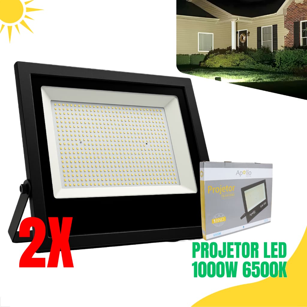 Kit 2 Refletor Projetor Led 1000W 6500K IP67 Branco Frio Slim Bivolt Holofote Jardim Iluminação