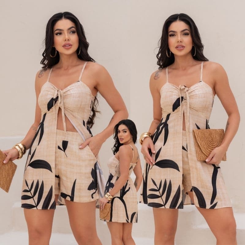 CONJUNTO FEMININO VESTIDO BATA E SHORTS, Elegante Conjunto Social Conforto Estilo-Tecido VISCOLINHO.