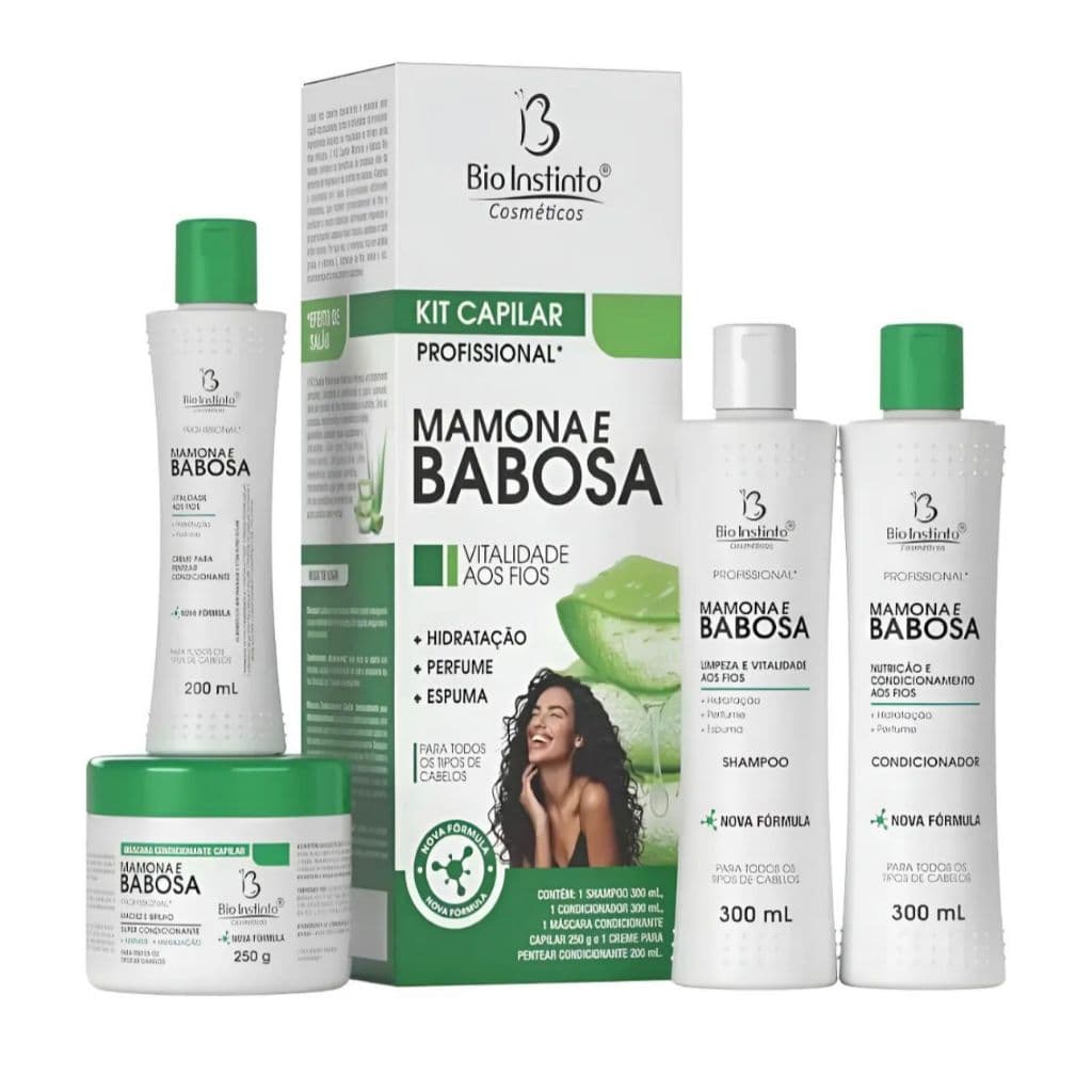 Kit Capilar Bio Instinto Mamona e Babosa Shampoo Condicionador Máscara Creme Hidratação Fortalecimento