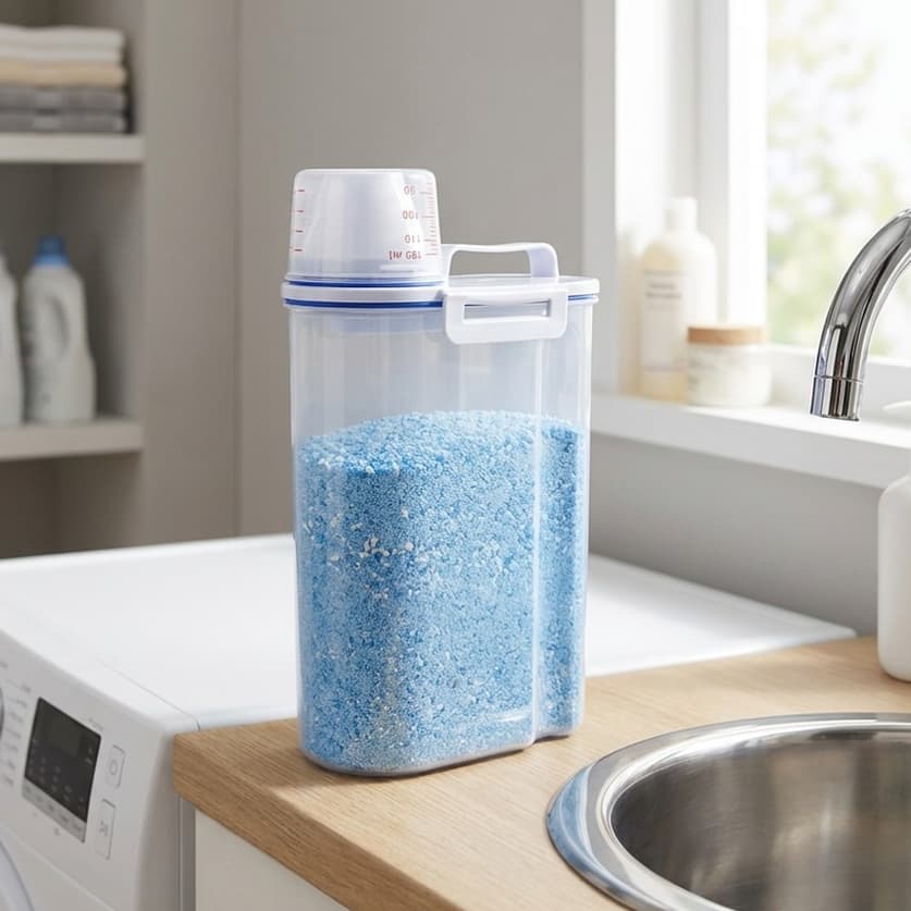 Dispenser Organizador Pote Hermético Porta Sabão Grãos Lavanderia Cozinha 2 Litros Com Copo Dosador