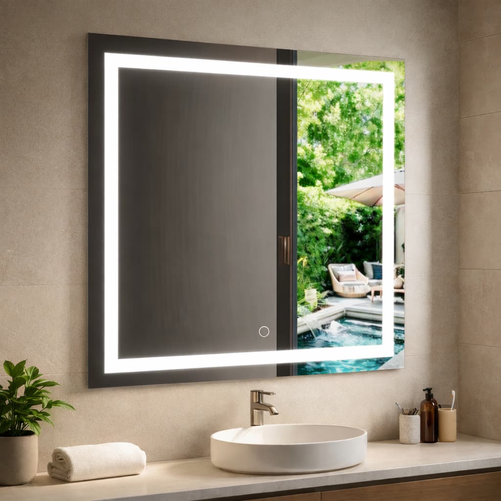 Espelho Quadrado Decorativo Com LED Touch Moderno Parede Banheiro Sala Quarto Premium Prático