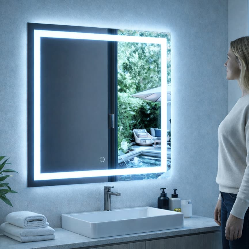 Espelho Quadrado Jateado 80x80 LED Multicolor Touch Decorativo Moderno Luxo Banheiro Sala Quarto