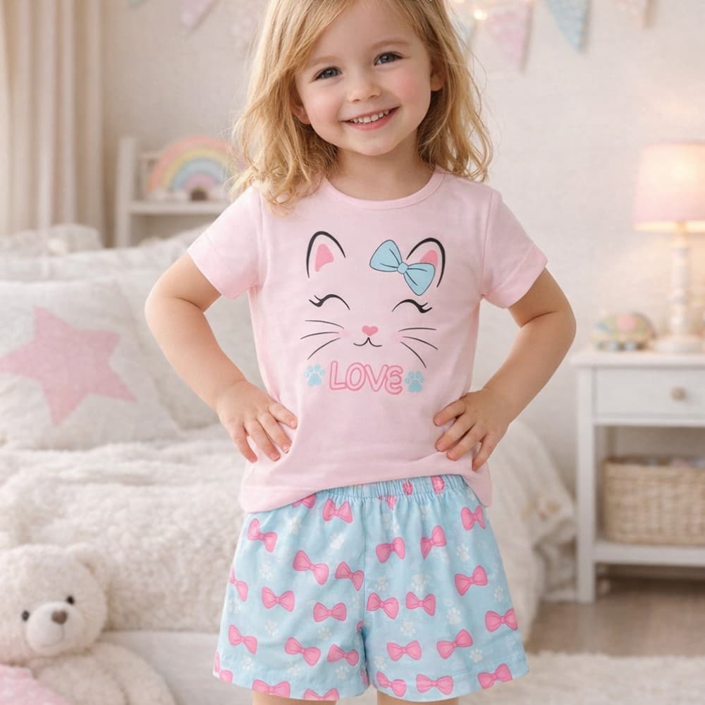 Conjunto Pijama Infantil Feminino Gatinha Delicado, Macio e Confortável