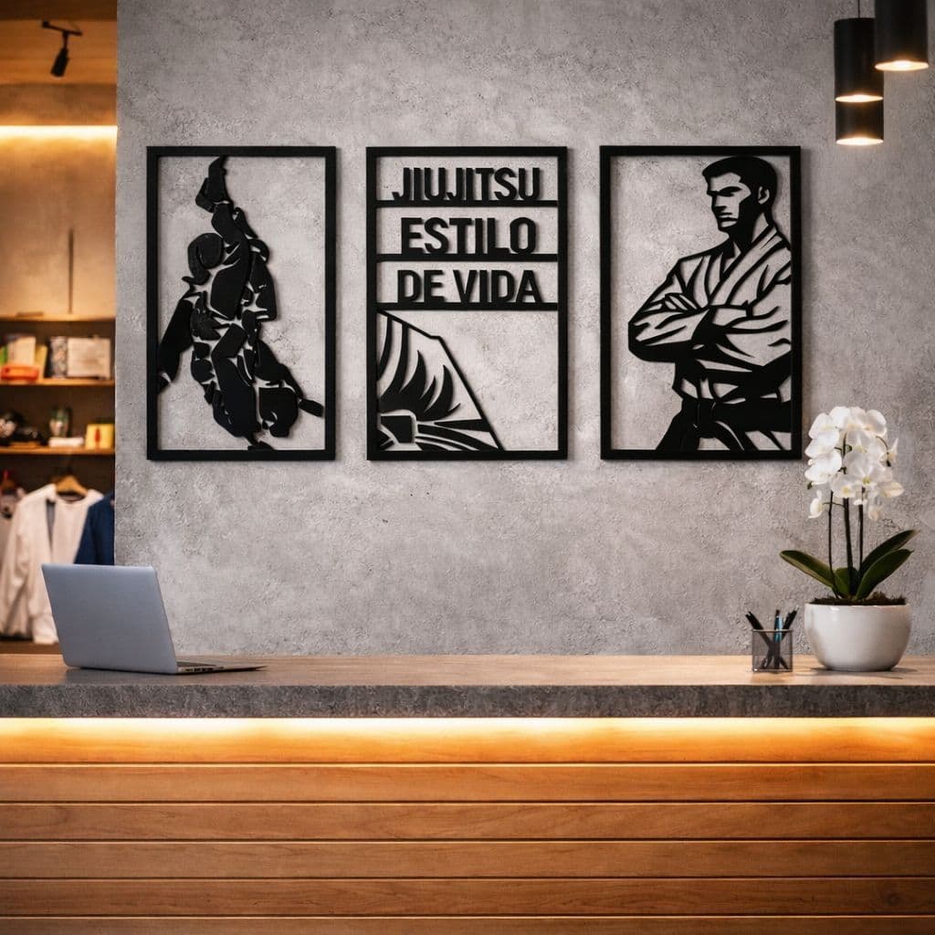 Kit 3 Quadros Vazados Jiu Jitsu Estilo de Vida Decorativo Preto Parede