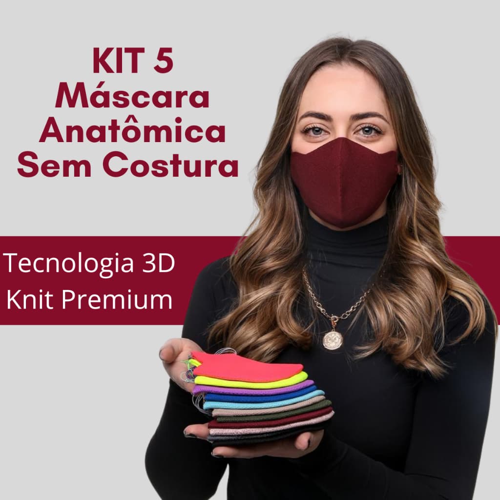 Kit Com 5 Máscara Reutilizável Anatômica Sem Costura 100% Poliamida Lavável MSCM5-K5