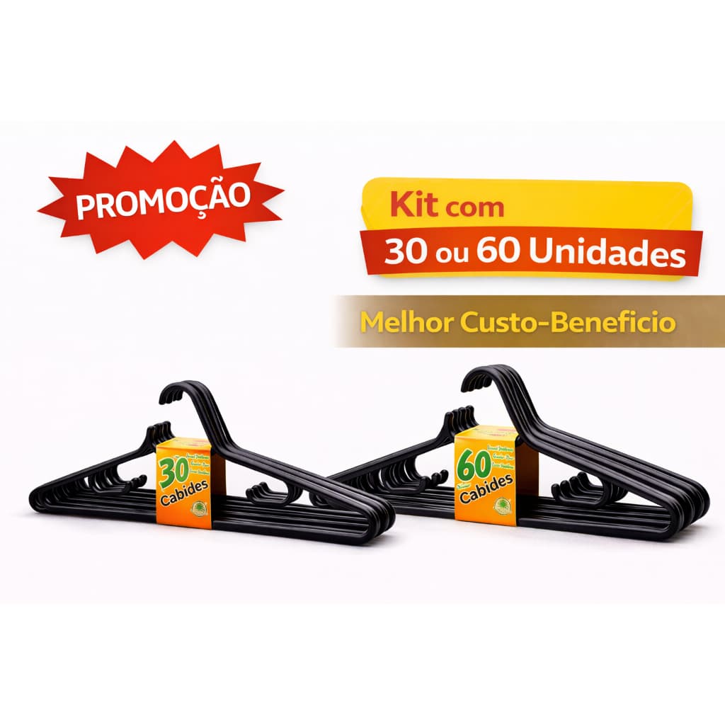 Kits 30 / 60 cabides pretos, plásticos e finos - ocupam menos espaço!