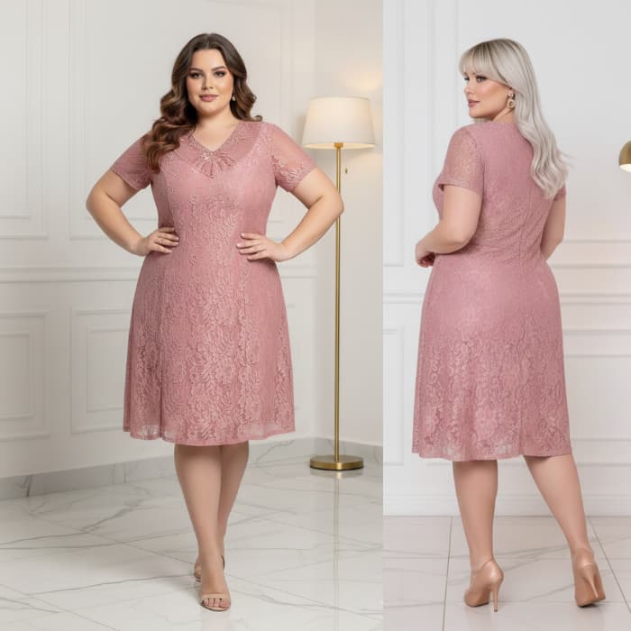 Vestido Curto Midi Com Aplique de Perólas Plus Size Feminino Manga curta Decote em V