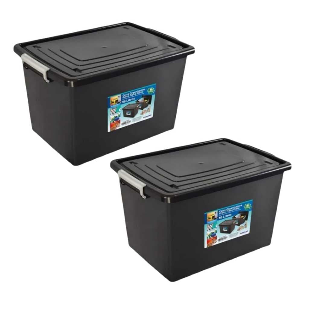 Kit  2 Caixas Organizadoras 56 Litros C/Tampa e Trava Preta BRINQUEDO ESCRITORIO