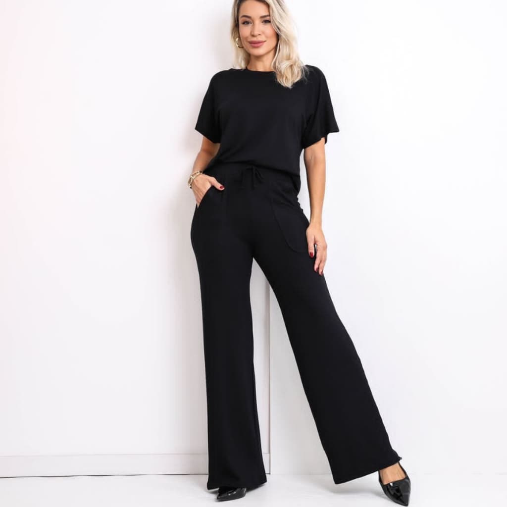 Conjunto Feminino Moletinho Vicenza Mel Liso Calça Pantalona E Blusa Casual Conforto Ideal