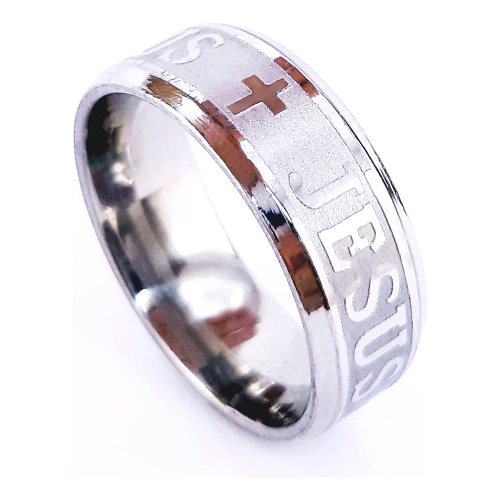 Anel Jesus Religioso Prateado Aço Inoxidável Chanfrado 6mm Avulsa