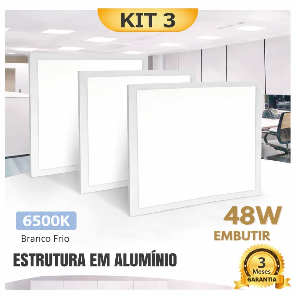 Kit 3 Painel Plafon Led Embutir Quadrado 48W 62x62 Branco Frio 6500K IP20 Bivolt