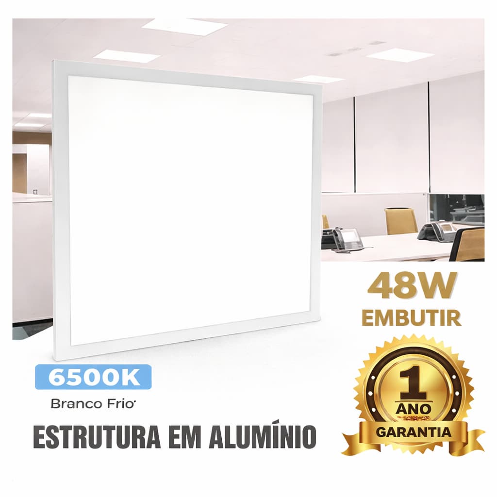 Painel Plafon Led 62x62 Embutir Quadrado 48W Branco Frio 6500K Bivolt IP20