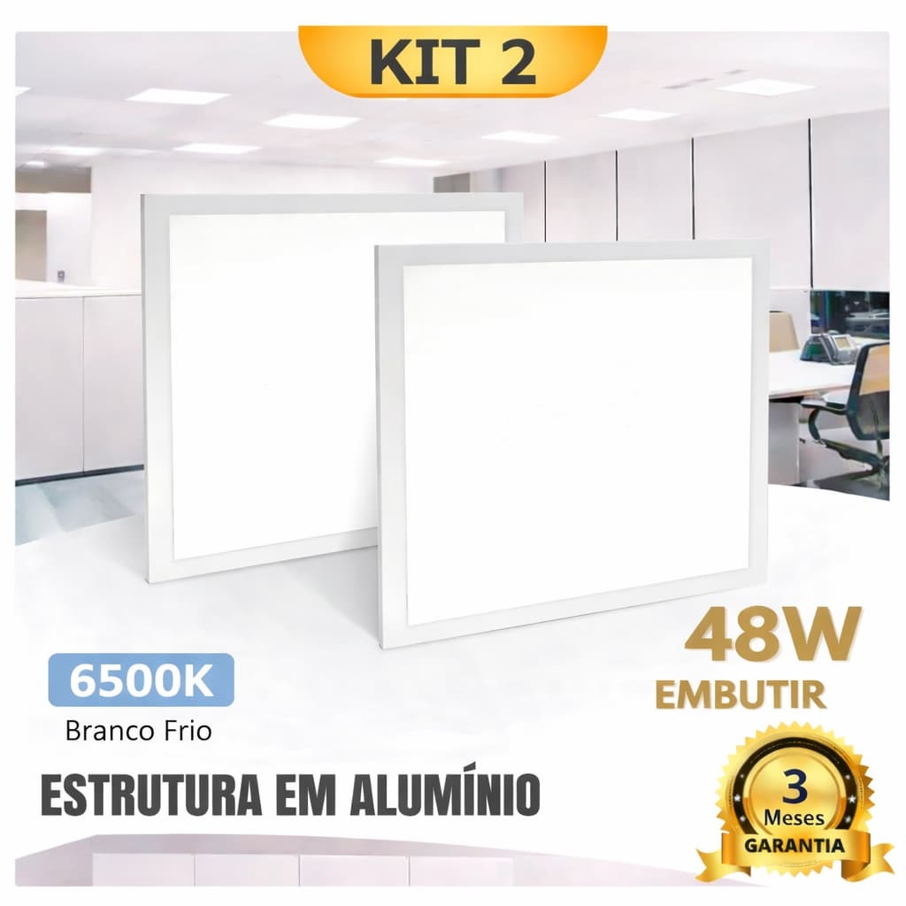 Kit 2 Painel Plafon Led 48W 62x62 Embutir Bivolt Branco Frio 6500K Quadrado IP20