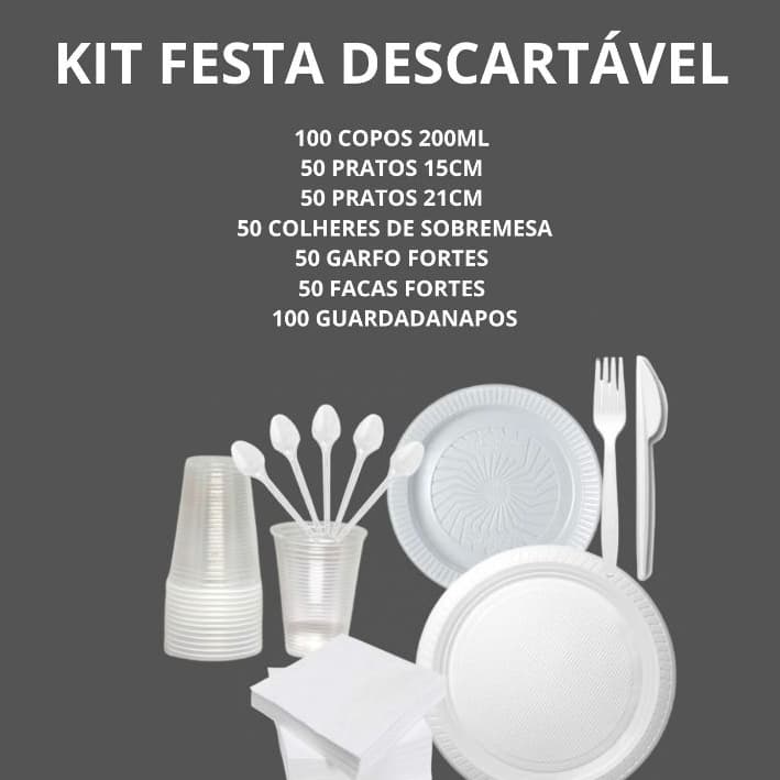 Kit Festa Descartável com Copos/  Garfos / Facas /Colheres / Pratos e Guardanapos para até 50 pessoas