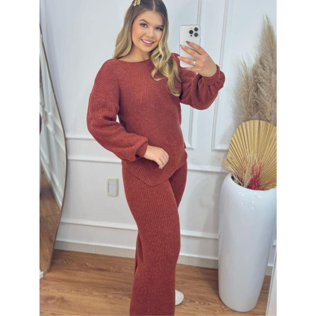 Conjunto Feminino Tricot Inverno Calça Bolso Blusa Canelado Básico Mousse Quente Gola Baixa Casual