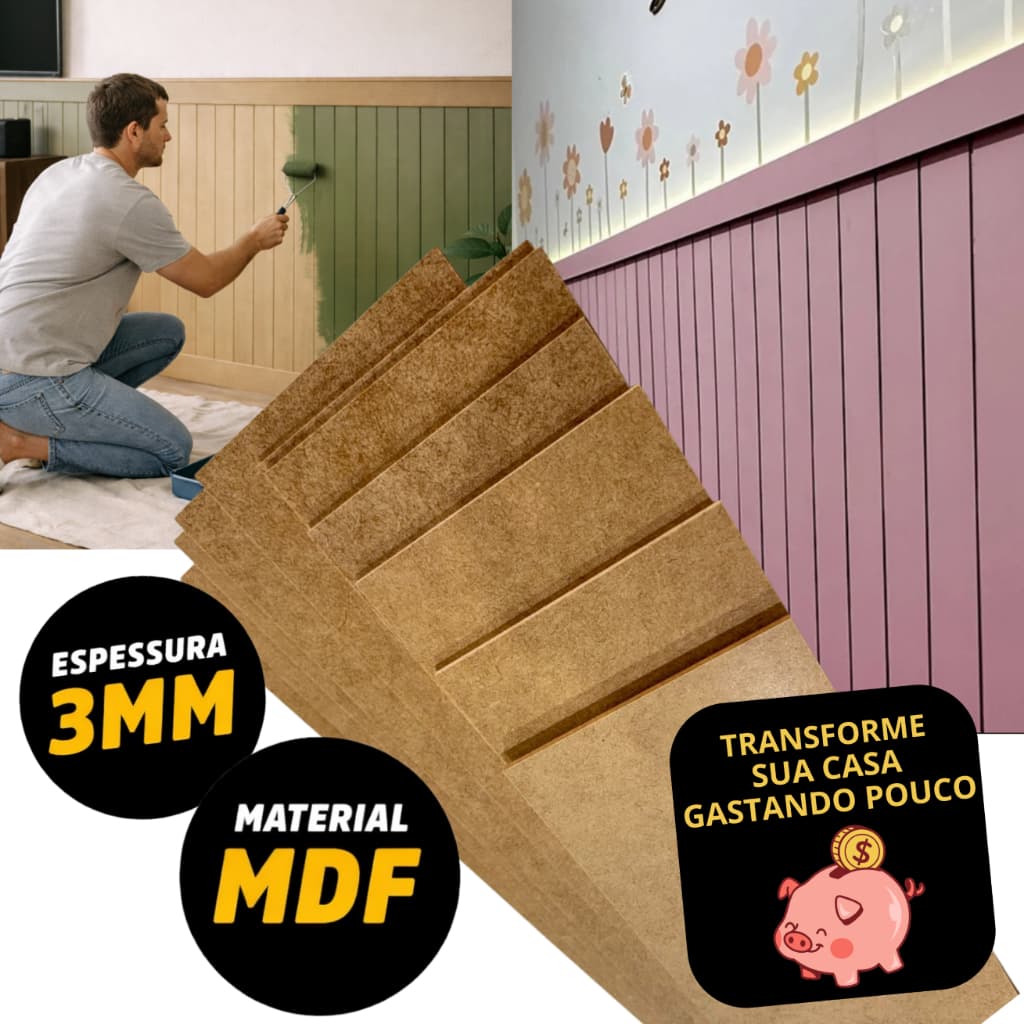 Kit 15 Ripas MDF Cru 120cm | 110cm | 100cm | 90cm Ripado Shiplap Lambri Boiserie Pintura Personalizável 3cm - 5cm - 10cm