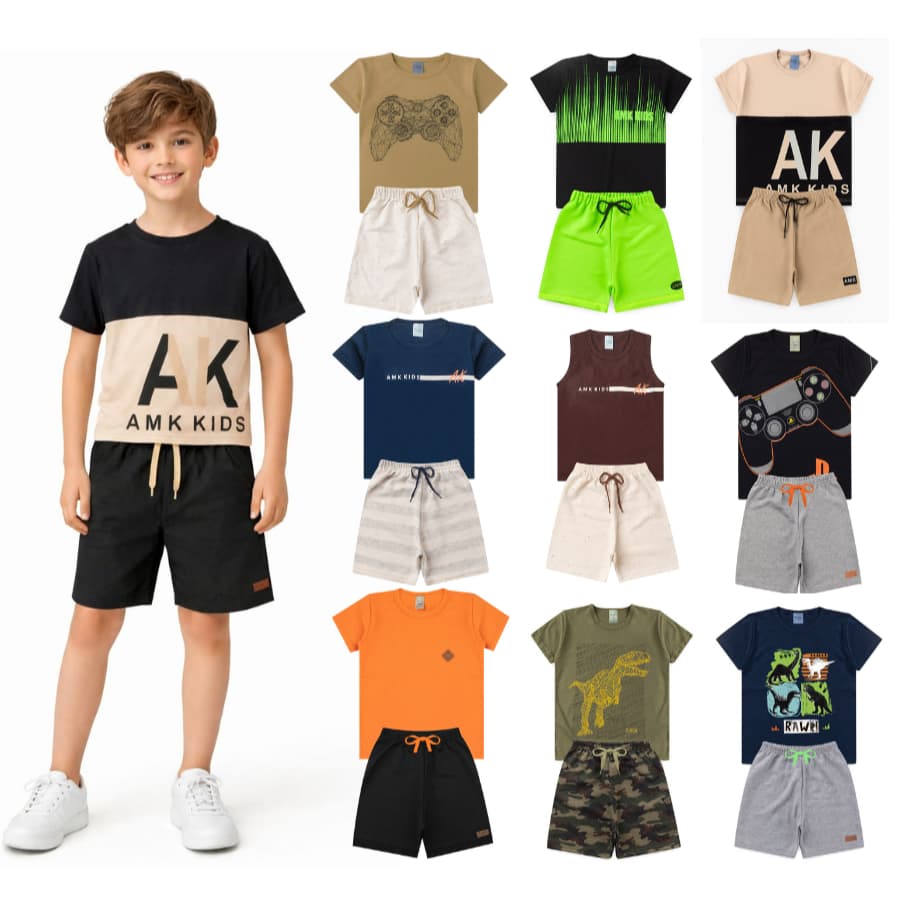 Kit Roupa Infantil Masculino Verão 6 a 10 Peças Regatas Camiseta e Bermuda Menino L28