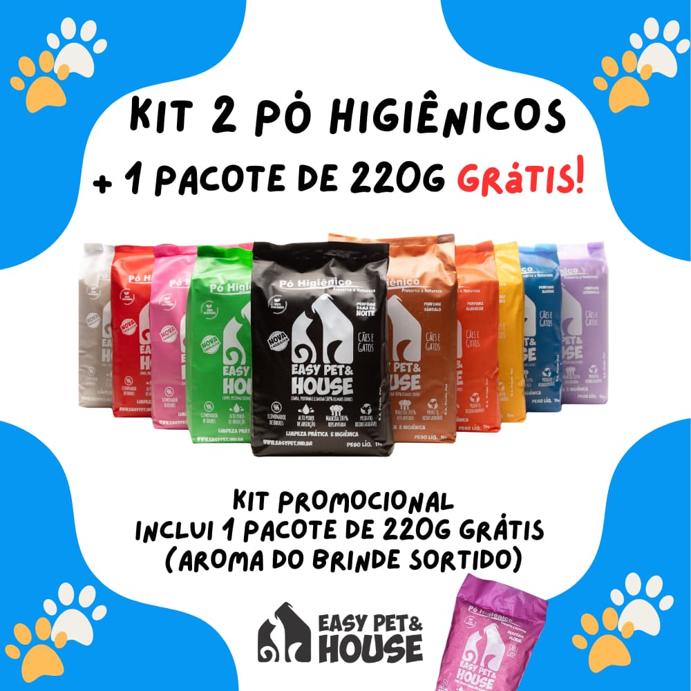 Pó Higiênico Seca Xixi Easy Pet Kit 2un 1kg + 220g BRINDE EXTRA Eliminador Urina Mau Cheiro Cão Gato
